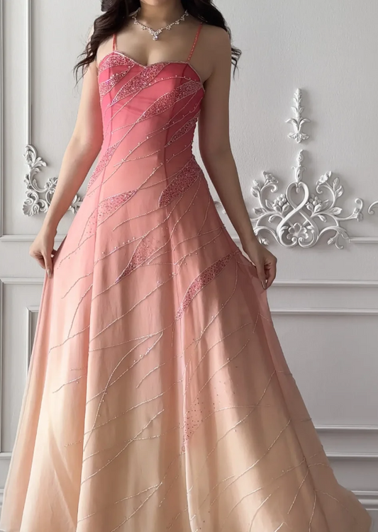 Cute Spaghetti Straps A-Line Chiffon Beaded Long Evening Dress Pink Prom Dress ED08115