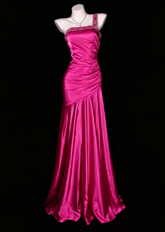 Chic One-shoulder Sheath Satin Long Evening Dress Hot Pink Prom Dress ED08116
