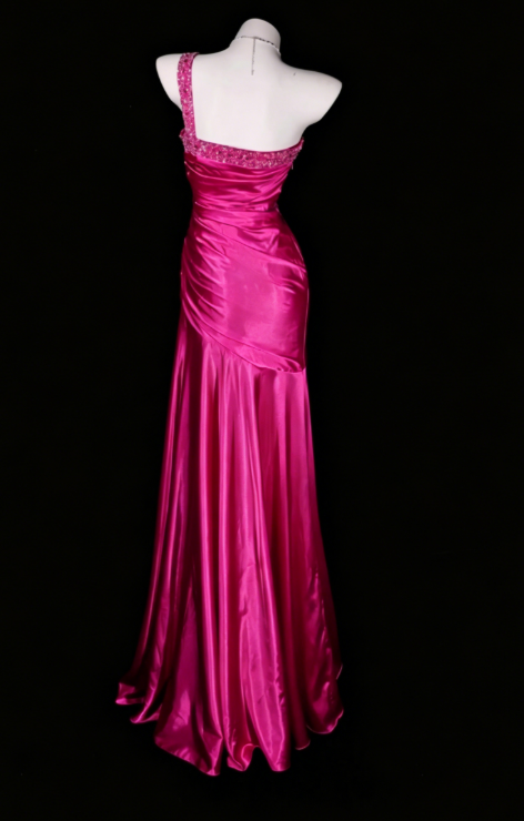 Robe de soirée longue satin fourreau chic asymétrique une épaule rose fuchsia, robe de bal ED08116