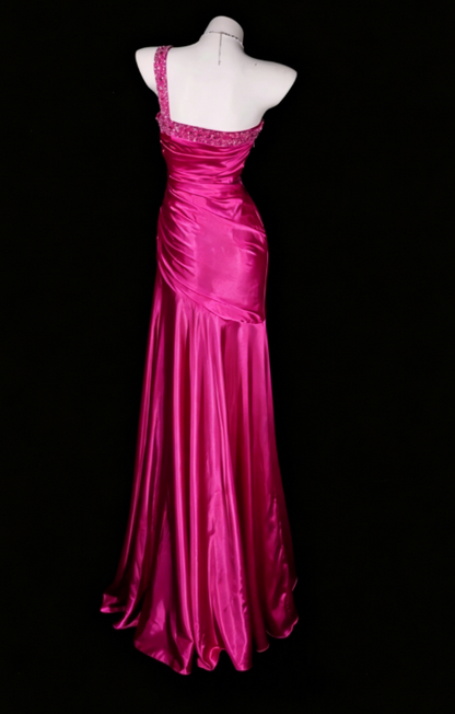 Robe de soirée longue satin fourreau chic asymétrique une épaule rose fuchsia, robe de bal ED08116