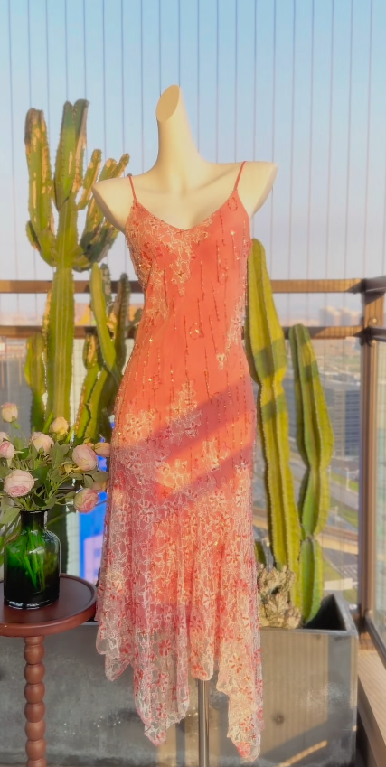 Chic Spaghetti Straps Sheath Chiffon Beaded Long Evening Dress Orange Prom Dress ED08118