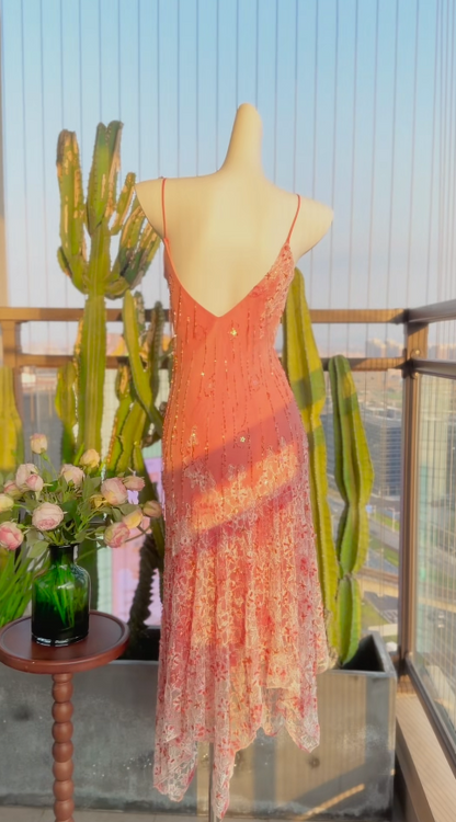 Robe de soirée longue fourreau chic en mousseline avec bretelles fines et perles, robe de bal orange ED08118