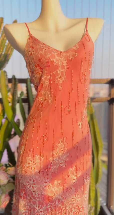Robe de soirée longue fourreau chic en mousseline avec bretelles fines et perles, robe de bal orange ED08118