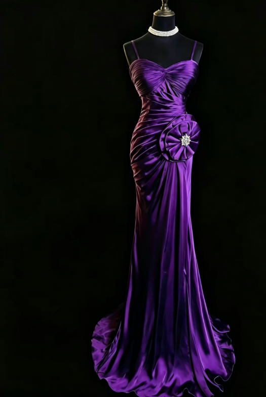 Chic Spaghetti Straps Sheath Satin Long Evening Dress Purple Prom Dress ED08119