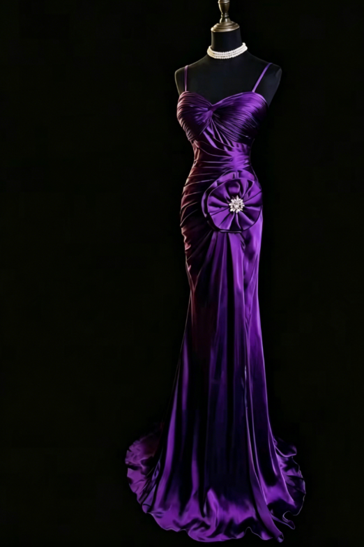 Robe longue de soirée chic en satin violet à bretelles spaghetti ED08119