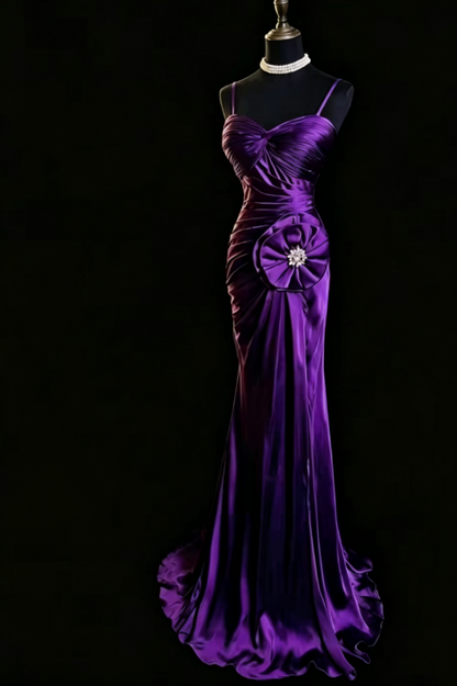 Robe longue de soirée chic en satin violet à bretelles spaghetti ED08119