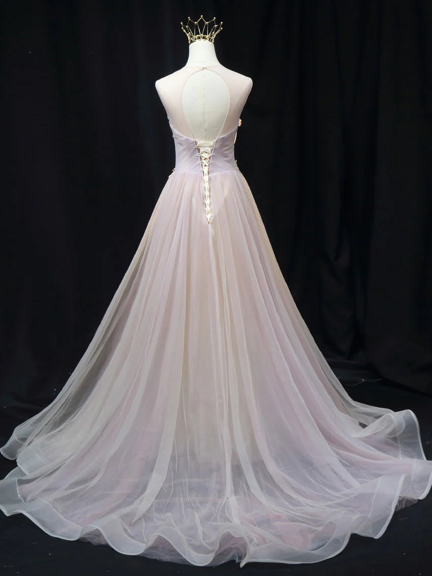 Robe de bal longue en tulle rose avec dentelle et ligne A, robe de soirée longue en tulle rose ED0812