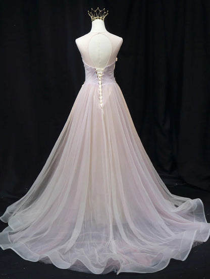 Robe de bal longue en tulle rose avec dentelle et ligne A, robe de soirée longue en tulle rose ED0812