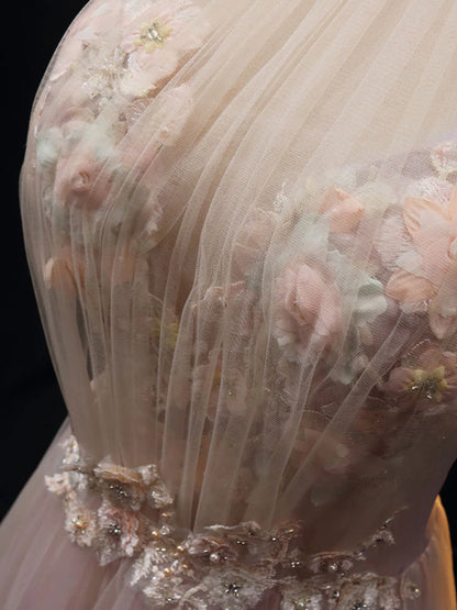 Robe de bal longue en tulle rose avec dentelle et ligne A, robe de soirée longue en tulle rose ED0812