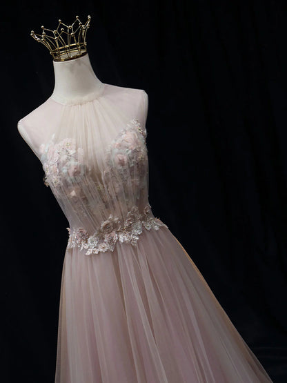 Robe de bal longue en tulle rose avec dentelle et ligne A, robe de soirée longue en tulle rose ED0812