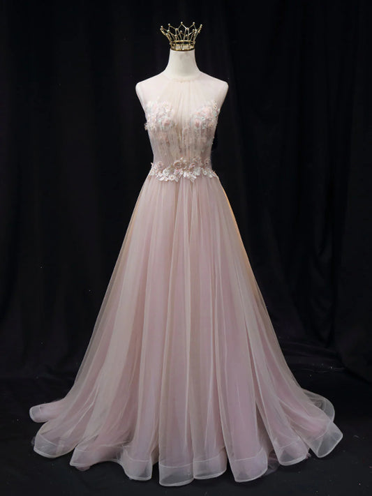 Robe de bal longue en tulle rose avec dentelle et ligne A, robe de soirée longue en tulle rose ED0812