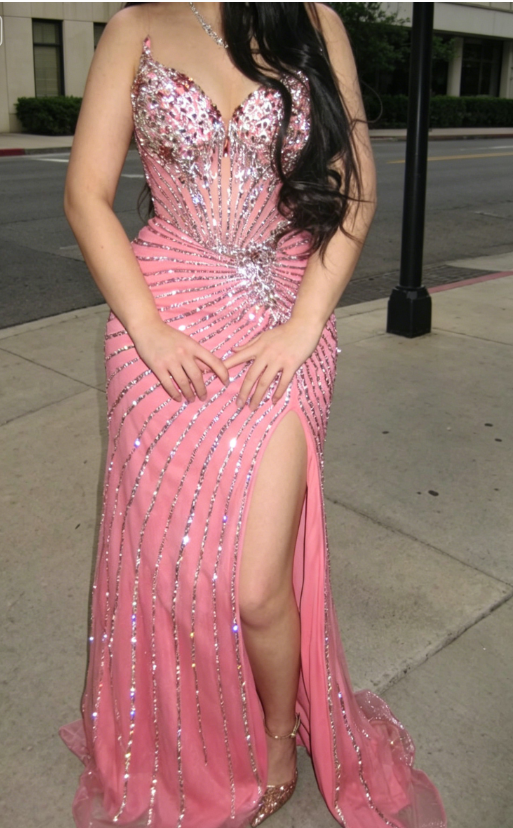 Glam Sweetheart Sheath Tulle Beaded Long Evening Dress Pink Prom Dress with Slit ED08120