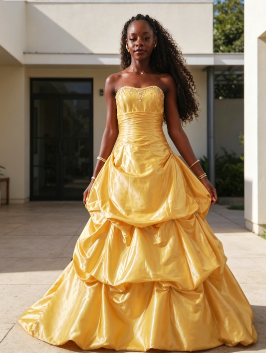 Glam Strapless A-Line Satin Long Evening Dress Yellow Prom Dress ED08122
