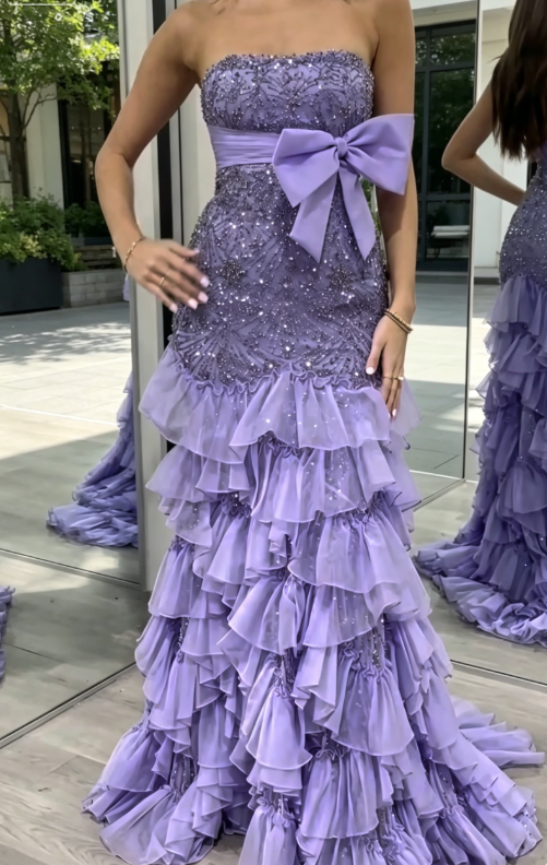Glam Strapless Mermaid Tulle Beaded Long Evening Dress Purple Prom Dress ED08123
