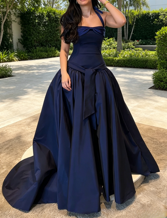Glam Halter A-Line Satin Long Evening Dress Navy Blue Prom Dress ED08124
