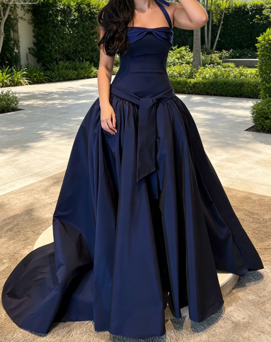 Glam Halter A-Line Satin Long Evening Dress Navy Blue Prom Dress ED08124