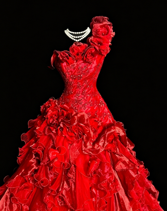 Gorgeous One-shoulder A-Line Satin Appliques Long Evening Dress Burgundy Prom Dress ED08125