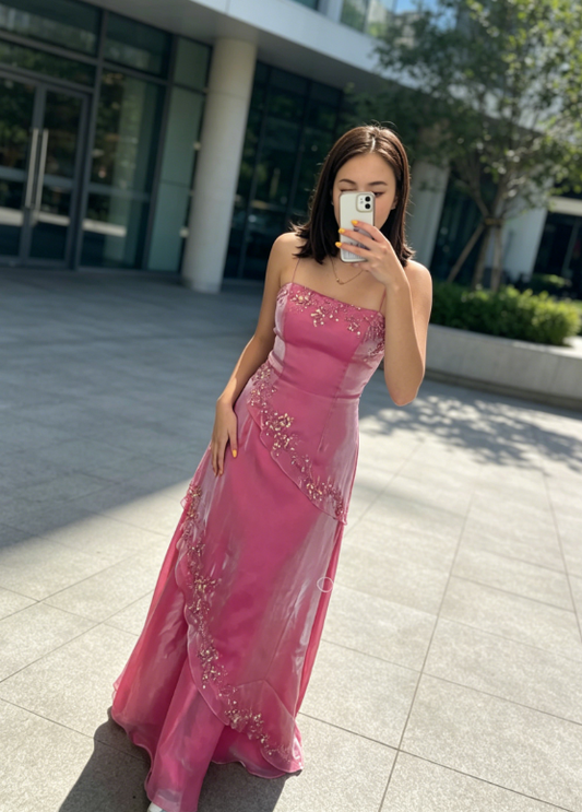Chic Spaghetti Straps Sheath Chiffon Beaded Long Evening Dress Pink Prom Dress ED08127