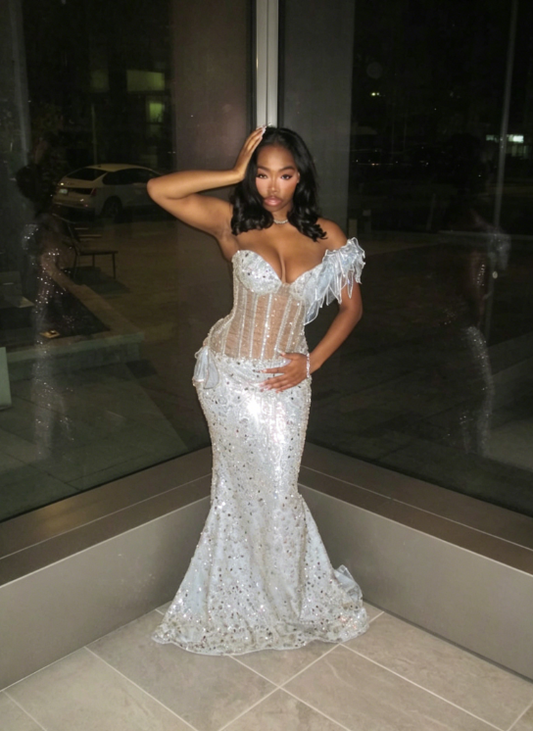 Chic One-shoulder Sheath Tulle Long Evening Dress Silver Prom Dress ED08128