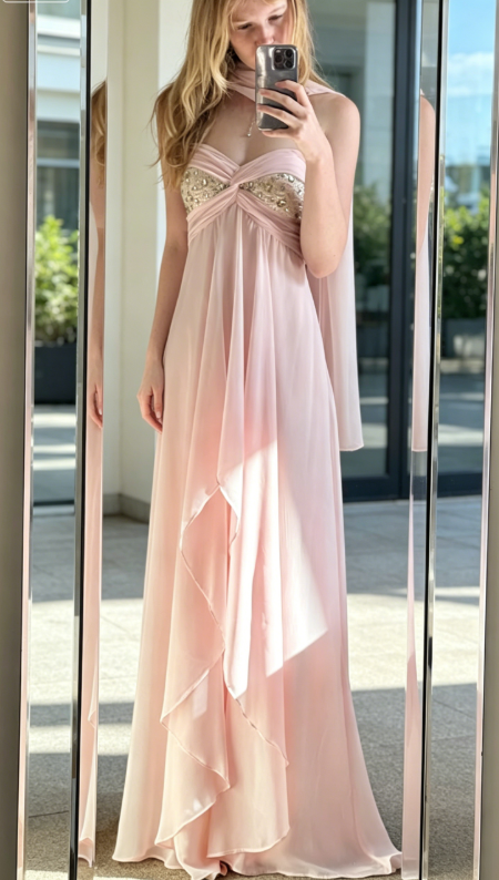 Chic Sweetheart Sheath Chiffon Long Evening Dress Pink Prom Dress ED08129