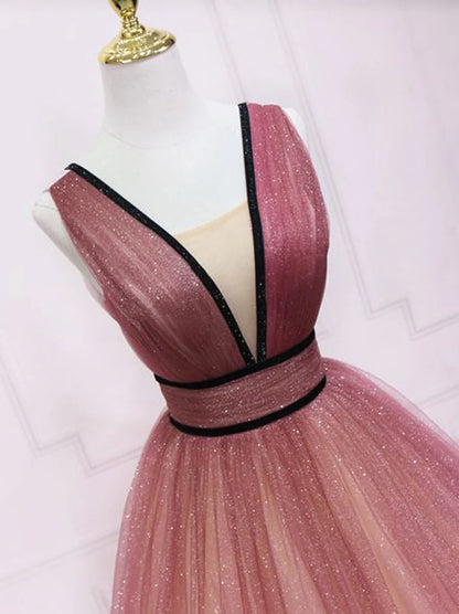 Robe de bal longue en tulle bordeaux à col en V, robe de soirée en tulle ED0813