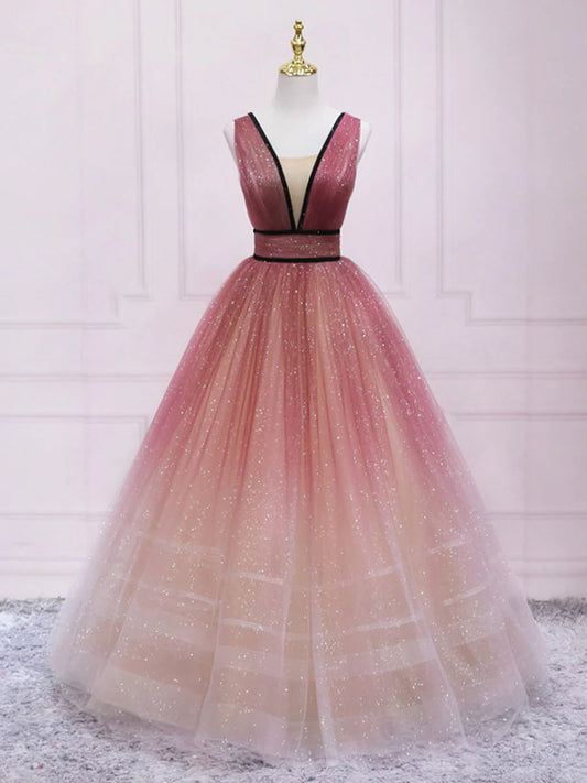 Robe de bal longue en tulle bordeaux à col en V, robe de soirée en tulle ED0813