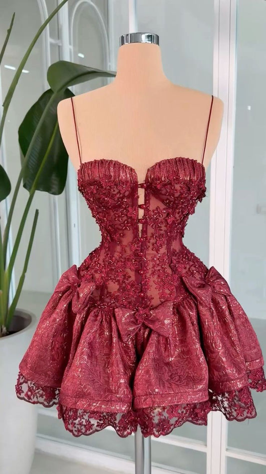 Classy Spaghetti Straps A-Line Birthday Dress Lace Applique Homecoming Dress Red Party Outfit ED08135