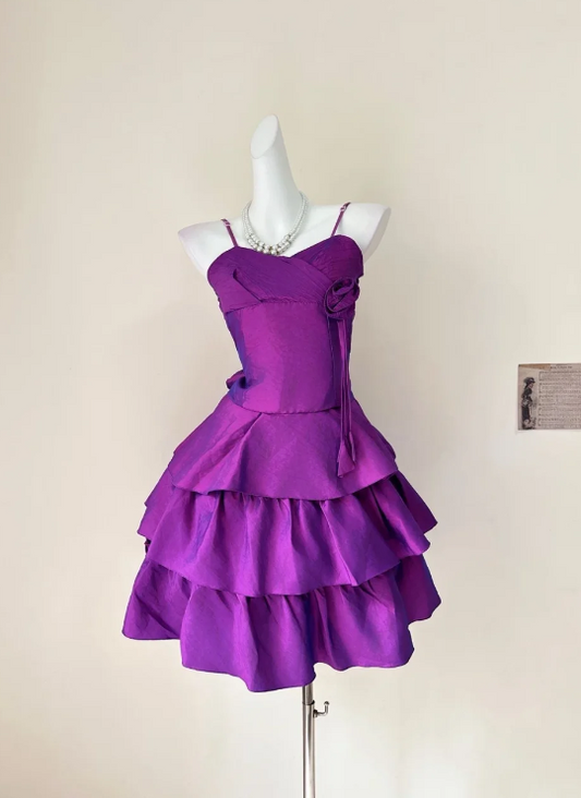 Classy Spaghetti Straps A-Line Birthday Dress Satin Homecoming Dress Purple Party Outfit ED08136