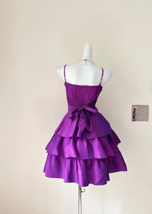Classy Spaghetti Straps A-Line Birthday Dress Satin Homecoming Dress Purple Party Outfit ED08136