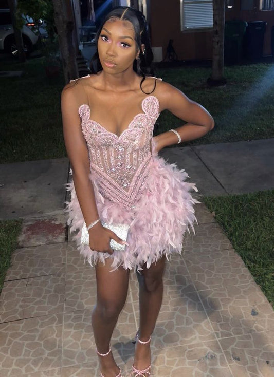 Classy Sweetheart Sheath Birthday Dress Beaded Tulle Homecoming Dress Pink Party Outfit ED08137