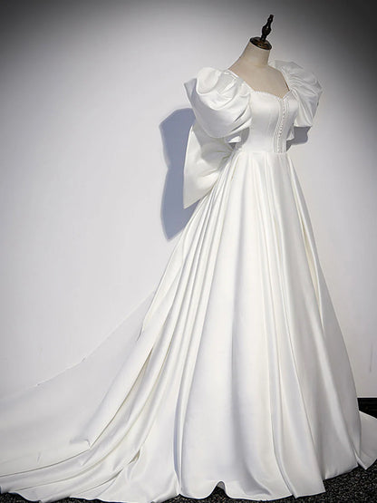 Robe de bal longue en satin blanc, robe de soirée longue blanche ED0814