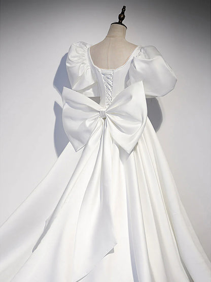 Robe de bal longue en satin blanc, robe de soirée longue blanche ED0814