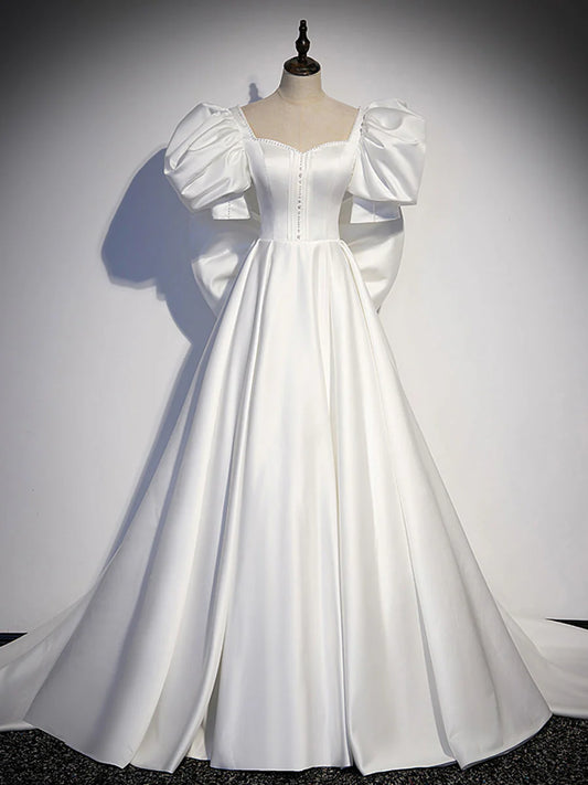 Robe de bal longue en satin blanc, robe de soirée longue blanche ED0814