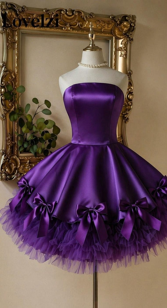 Classy Strapless Birthday Dress A-Line Satin Homecoming Dress Purple Graduation Party Dress ED08141