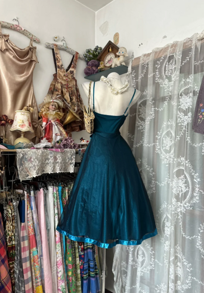 Robe d'anniversaire élégante à fines bretelles spaghetti, coupe évasée en tulle, robe de vacances, robe de soirée de remise des diplômes sarcelle ED08142