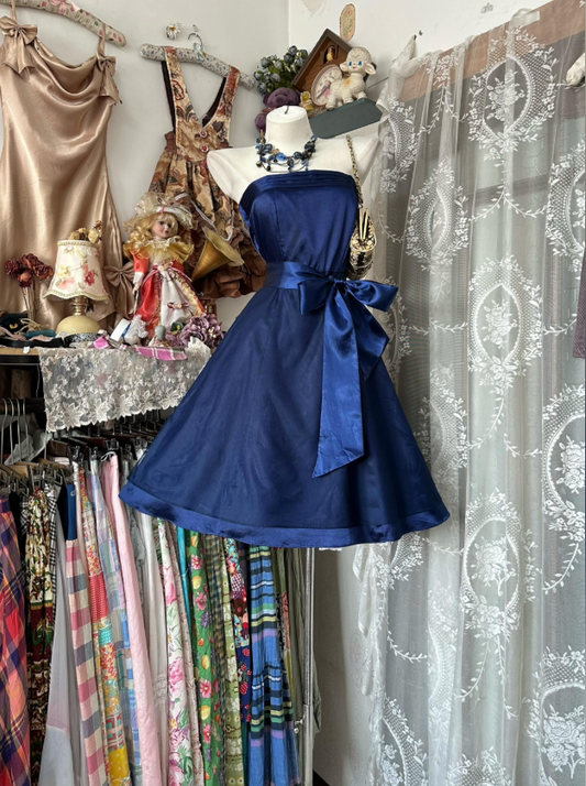 Classy Strapless Birthday Dress A-Line Satin Vacation Dress Navy Blue Party Dress ED08143