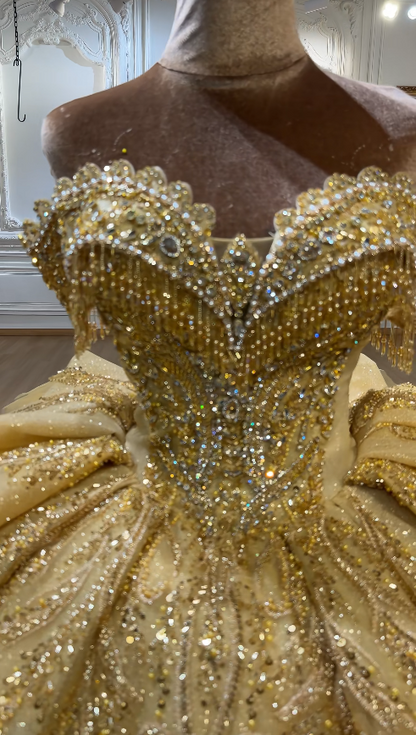 Magnifique robe de bal d'anniversaire à épaules dénudées en tulle, robe de Quinceañera, robe de bal dorée Sweet 16 ED08145