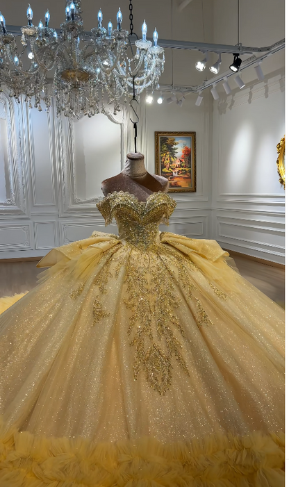 Magnifique robe de bal d'anniversaire à épaules dénudées en tulle, robe de Quinceañera, robe de bal dorée Sweet 16 ED08145
