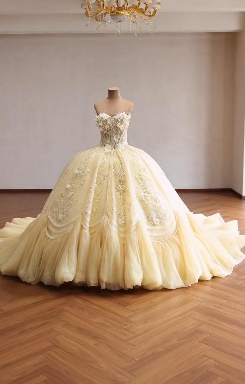 Superbe Robe de Bal Anniversaire Épaules Dénudées Robe de Quinceañera en Tulle Appliqué Robe Jaune Douce 16 ED08146