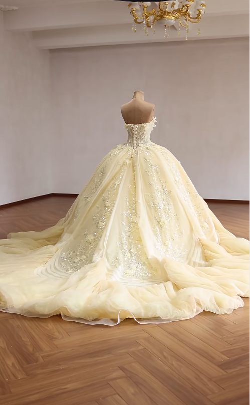 Superbe Robe de Bal Anniversaire Épaules Dénudées Robe de Quinceañera en Tulle Appliqué Robe Jaune Douce 16 ED08146