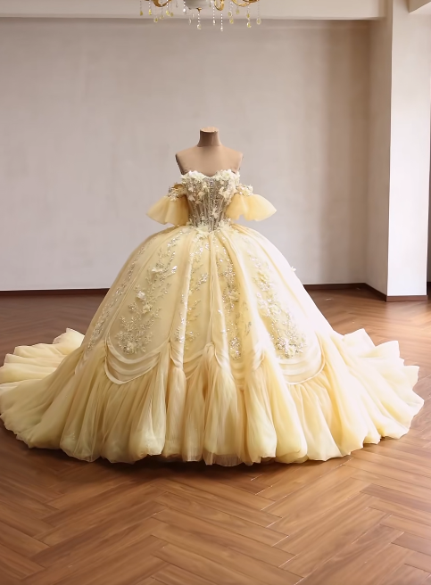 Gorgeous Off-shoulder Ball Gown Birthday Dress Tulle Applique Quinceanera Dress Yellow Sweet 16 Dress ED08146