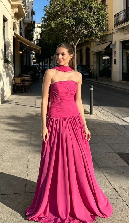 Chic Hot Pink Bridesmaid Dress Strapless Sheath Chiffon Long Evening Dress ED08147
