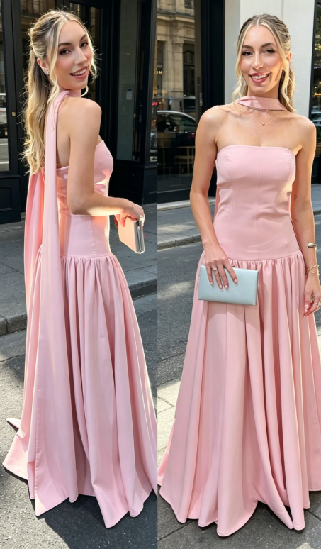 Chic Pink Bridesmaid Dress Strapless Sheath Satin Long Evening Dress ED08149