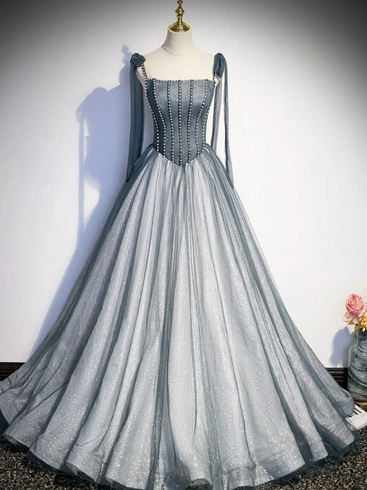 Robe de bal longue grise en tulle, coupe trapèze, robe de remise de diplôme grise avec perles ED0815