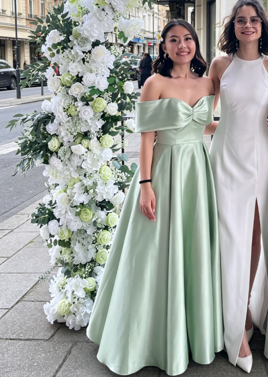 Chic Green Bridesmaid Dress Off-shoulder A-Line Satin Long Evening Dress ED08150