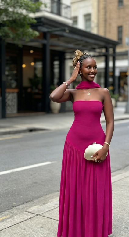 Chic Hot Pink Bridesmaid Dress Strapless Sheath Chiffon Long Evening Dress ED08152