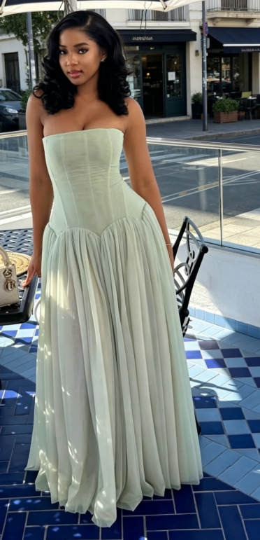 Elegantes trägerloses mintgrünes Brautjungfernkleid A-Linie Tüll langes Abendkleid ED08156