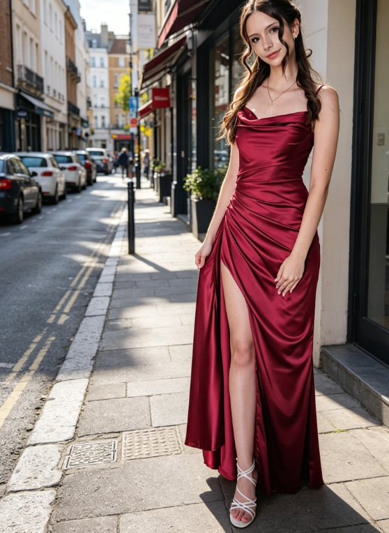 Elegantes burgunderrotes Brautjungfernkleid mit Spaghettiträgern, Etui-Satin, langes Abendkleid ED08157