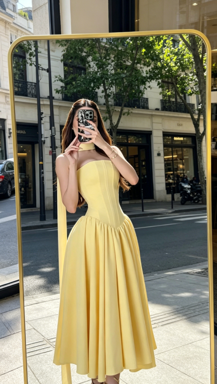 Chic Yellow Wedding Guest Dress Strapless A-Line Chiffon Long Evening Dress ED08163