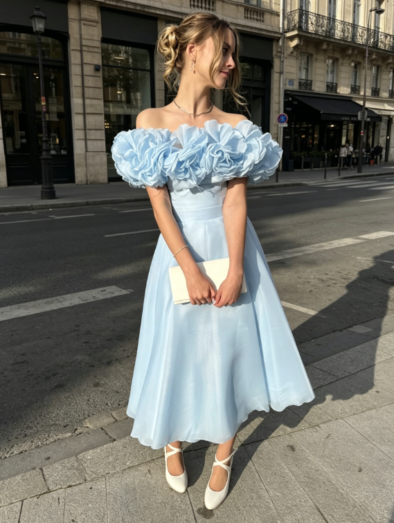 Fashion Blue Wedding Guest Dress Off-shoulder A-Line Chiffon Long Evening Dress ED08164